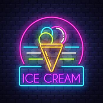 Ice cream- Neon Sign Vector. Ice cream -  Badge in neon style on brick wall background, design element, light banner, announcement neon signboard, night advensing. Vector Illustration