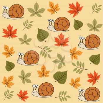 Doodle autumn seamless pattern with leaves and snails