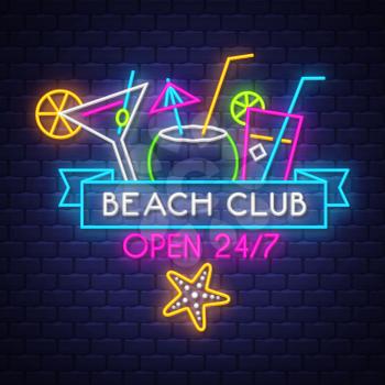 Beach club. Summer holiday banner. Neon banner. Neon sign. Vector.