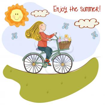 Happy girl on bike enjoy the summer. Cute summer poster