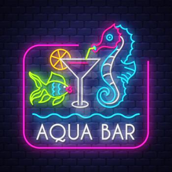  Aqua bar. Summer holiday banner. Neon banner. Neon sign. Vector.