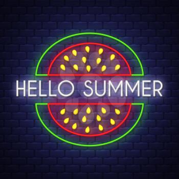 Hello summer. Summer holiday banner. Neon banner. Neon sign. Vector.