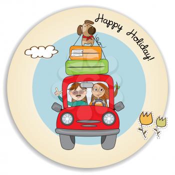 happy couple with their dog traveling with funny red car. Summer holiday poster