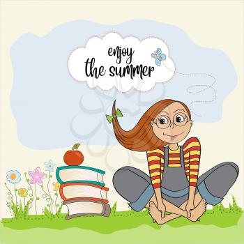 Teenage girl with many books enjoy the summer. 