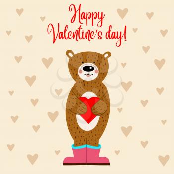 Valentine's day card with bear. Flat design