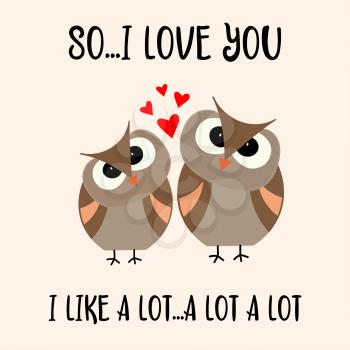 Funny Valentine's day card with birds couple. Flat design