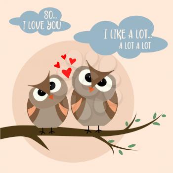 Funny Valentine's day card with birds couple. Flat design