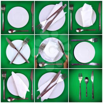 Composition of forks, knifes, spoons on green background.