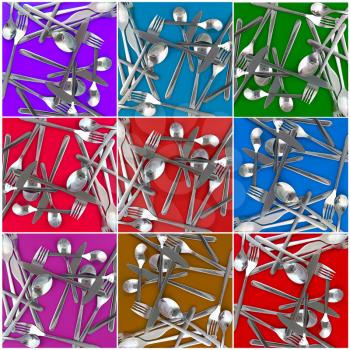 Composition of forks, knifes, spoons on multicolour background.