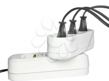 Plugs in electric socket. Isolated over white .