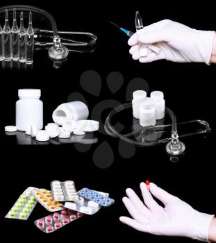 Collage of medicine- pills bottle,infusion set, hands with syringe . On black background