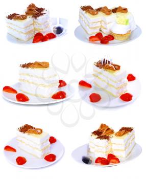 Collection-various cakes on plate with fruits, strawberrys. Isolated