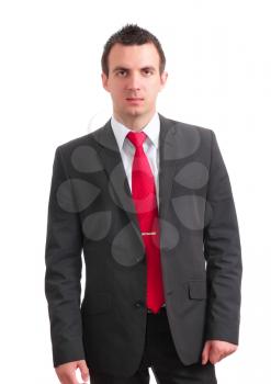 Portrait of cheerful  businessman in suite. Isolated over white.