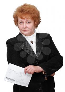 Senior lady standing with apartament rent bill. Isolated over white.