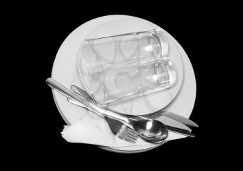 Pile of white plates, glasses with forks and spoons on silk napkin. Black background
