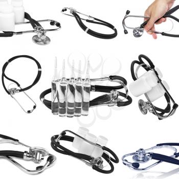 Collage (collection) of medicine tools- phonendoscope,ampule on white background. Isolated