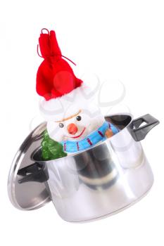 New Year decoration- snowman in saucepan. Isolated over white