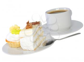Sponge cakes with cup of coffee on plate with fruit-juice decoration . Isolated