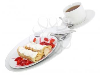Pankcake with cream , with rolled fruit inside and strawberry around. Isolated