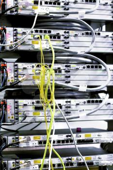 Telecommunication equipment of network cables in a datacenter of mobile operator.
