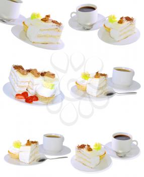 Collection-various cakes on plate with fruits, strawberrys. Isolated