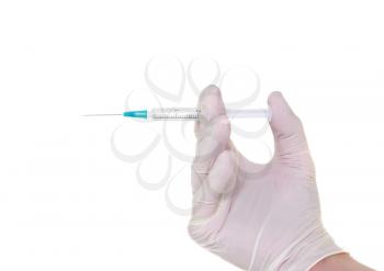 Syringe in a hand in medical gloves, , ready for injection with medication. white background