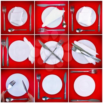 Composition of forks, knifes, spoons on red background.