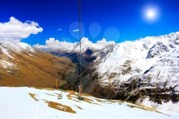 Wonderful view of the cableway in the mountains. Elbrus 
