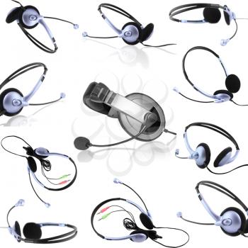 Collage (collections) headsets with a microphone. Isolated
