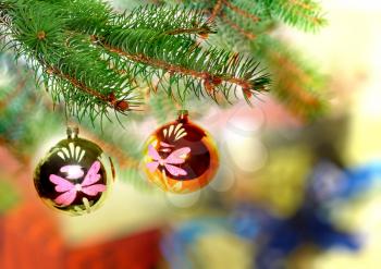 Christmas and New Year decoration-balls on fir tree.