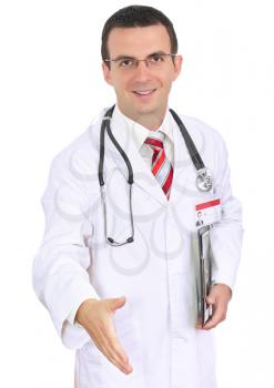 Portrait of medical doctor ready for handshake. Isolated.