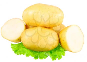 Young potatoes, decorating of lettuce . Isolated over white
