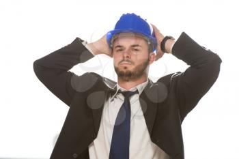 Handsome Construction Manager With Problems And Stress Over White Background