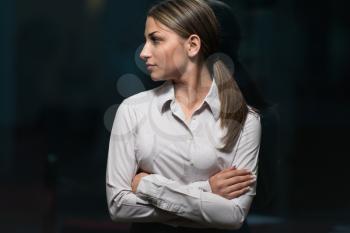 Portrait Of Handsome Beautiful Young Businesswoman Standing Arms Crossed - Successful Business Woman At Work