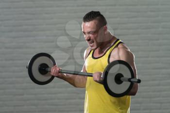 Muscular Man Doing Heavy Weight Exercise For Biceps With Barbell In Gym On White Bricks Background With Copyspace