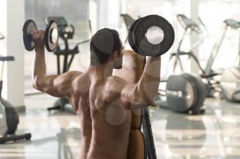 Strong Man In The Gym And Exercising Shoulders With Dumbbells - Muscular Athletic Bodybuilder Fitness Model Exercise Shoulder