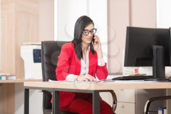 Young Businesswoman Working At Her Computer While Talking On The Phone