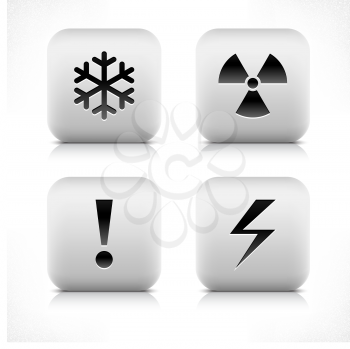 Stone web 2.0 button with extreme cold, radiation, exclamation mark, high voltage sign. White rounded square shape with black shadow and gray reflection on white background