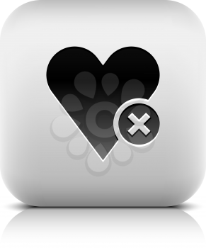 Heart bookmark sign web icon with delete glyph. Series buttons stone style. Rounded square shape with black shadow and gray reflection on white background