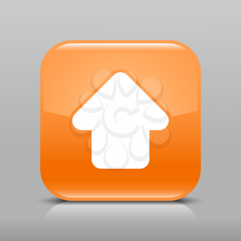 Orange glossy internet button with arrow upload symbol. Rounded square shape icon with shadow and reflection on light gray background