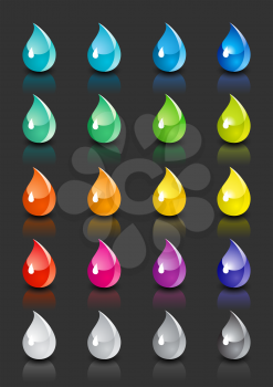 A set of colored drops with reflection on black background