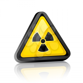 Three-dimensional Hazard warning sign with radiation symbol on white background with reflection