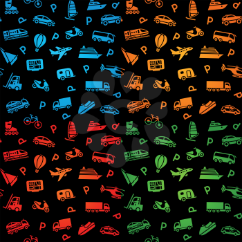 Seamless black background, transport icons. Wrapping paper