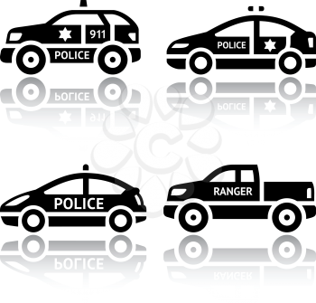 Set of transport icons - Police cars. Silhouettes of vector illustrations isolated on white background, with reflection.