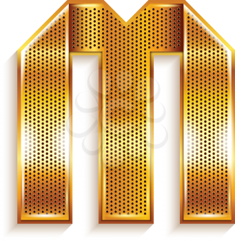 Font folded from a metallic gold perforated ribbon - Letter M. Vector illustration 10eps.