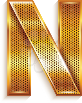 Font folded from a metallic gold perforated ribbon - Letter N. Vector illustration 10eps.