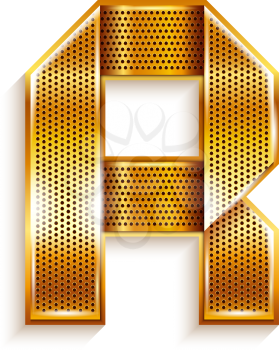 Font folded from a metallic gold perforated ribbon - Letter R. Vector illustration 10eps.