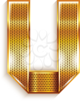 Font folded from a metallic gold perforated ribbon - Letter U. Vector illustration 10eps.