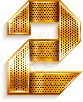 Arabic numeral folded from a metallic perforated golden ribbon  - Number 2 - two, vector illustration 10eps