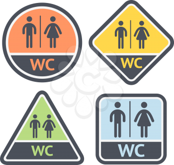 Restroom symbols set, flat signs retro color, vector illustrations
